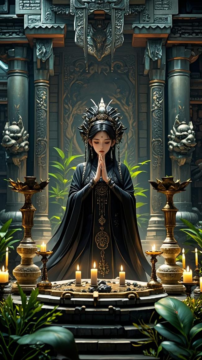 暗黑神殿中的黑袍祭司，烛火映照神圣仪轨