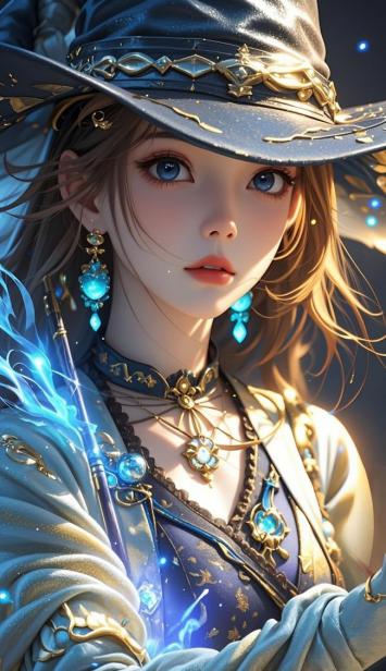 蓝金魔女角色肖像：奇幻魔法少女插画