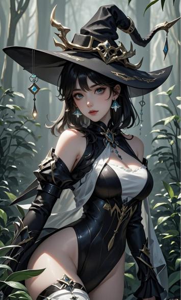 黑金巫女装扮森林女神插画