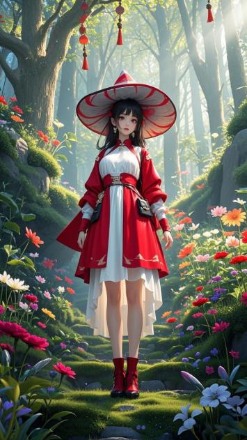 红衣仙子林间漫步，光影花海梦幻如画