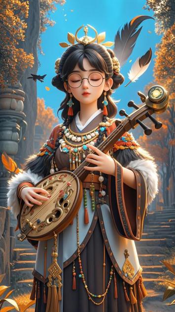 古风仙侠少女弹琵琶秋景图