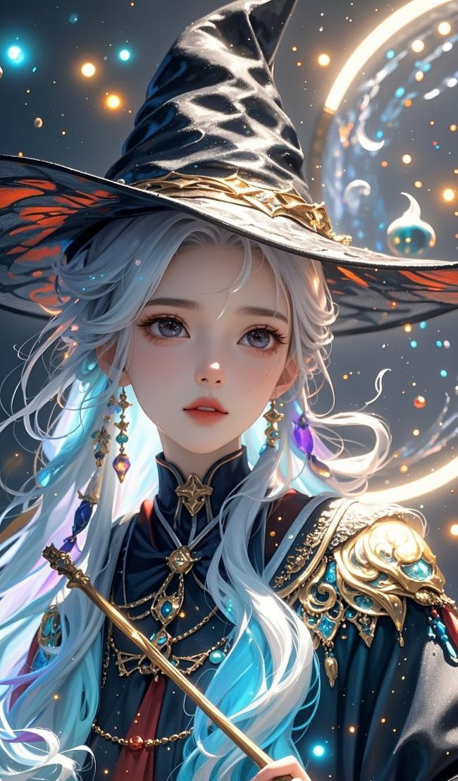 银发女巫持杖立于星海，奇幻插画风格极致还原