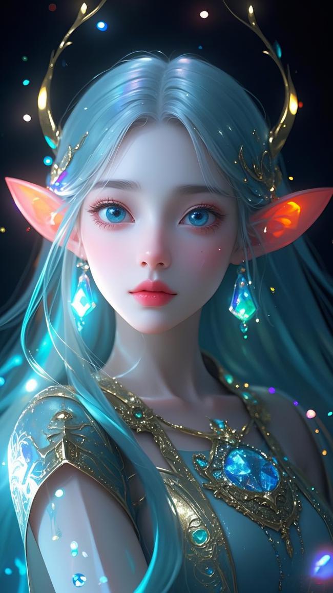 精灵少女3D渲染肖像，星光幻境中的魔法精灵