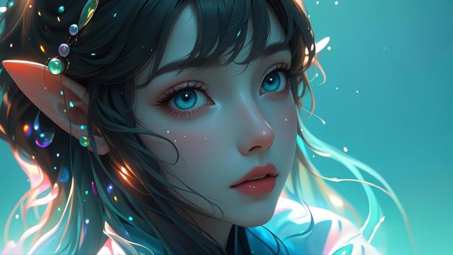 精灵少女蓝瞳光效特写插画