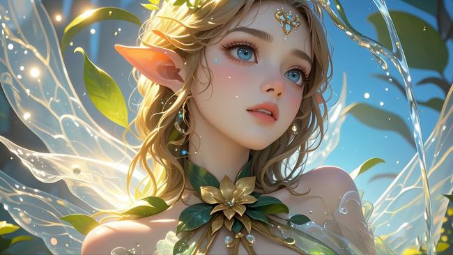 精灵少女3D写实肖像，晨光蝶翼闪耀