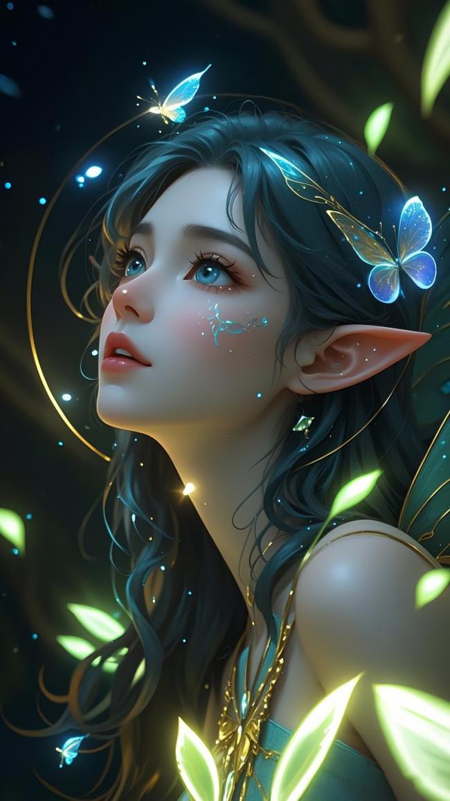 精灵少女幻想插画：星光蝶翼夜语