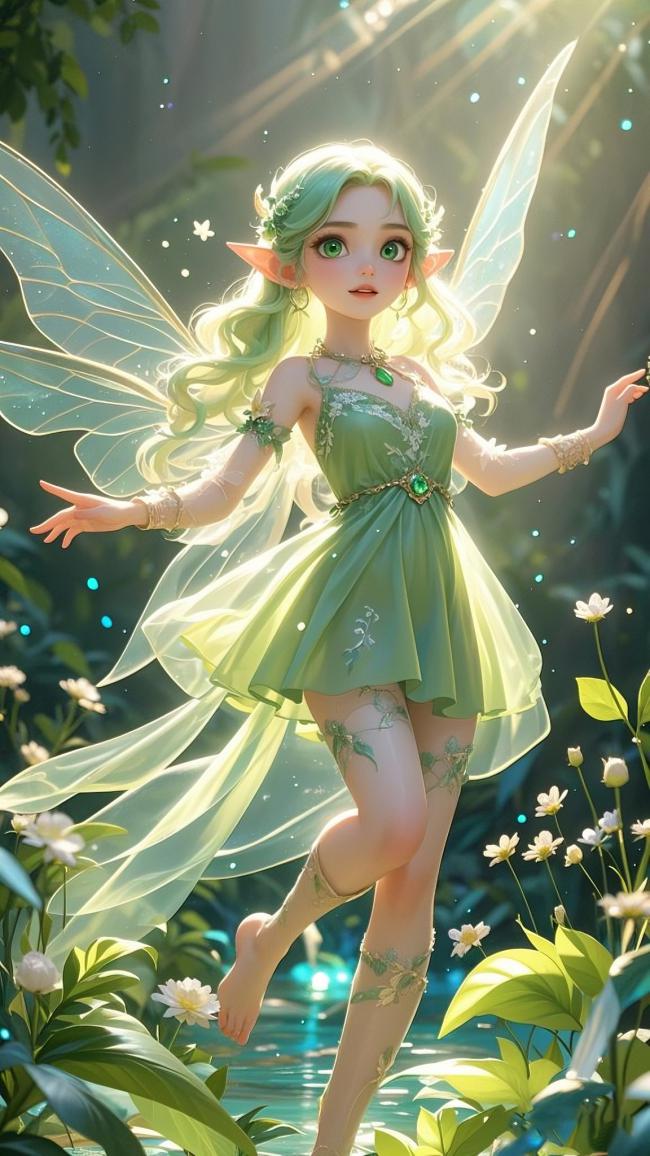 绿翼精灵林间起舞，光影梦幻如童话