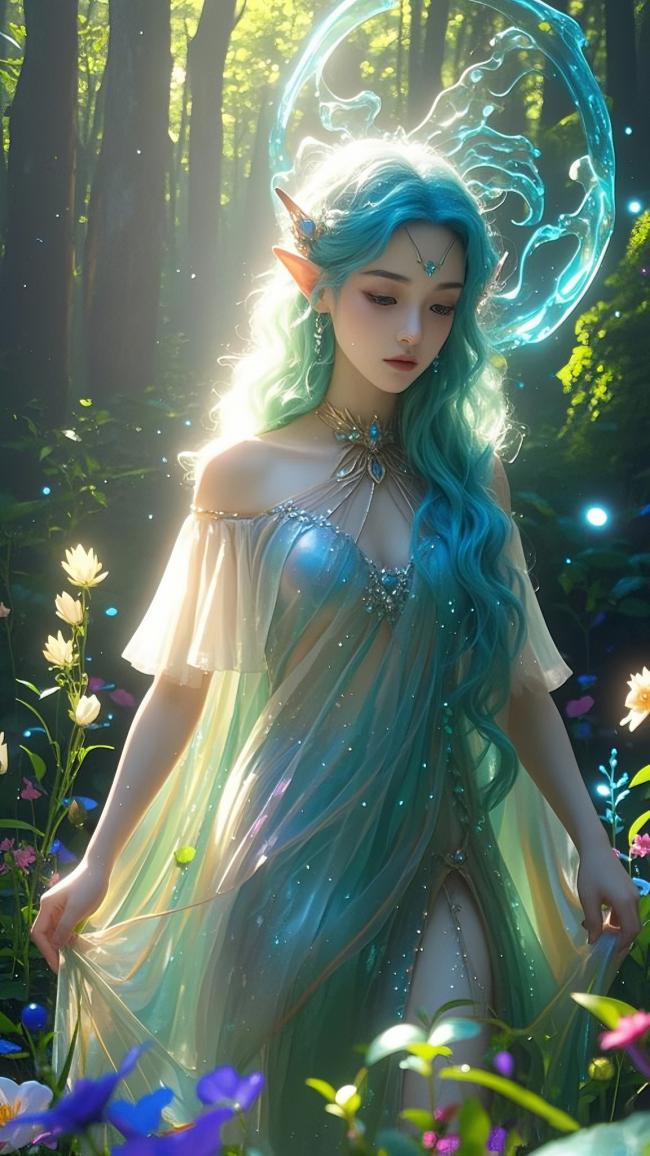 森林精灵少女写实插画，光影梦幻如梦境