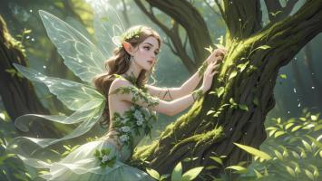 森林精灵轻抚古树，光影交织的奇幻画卷