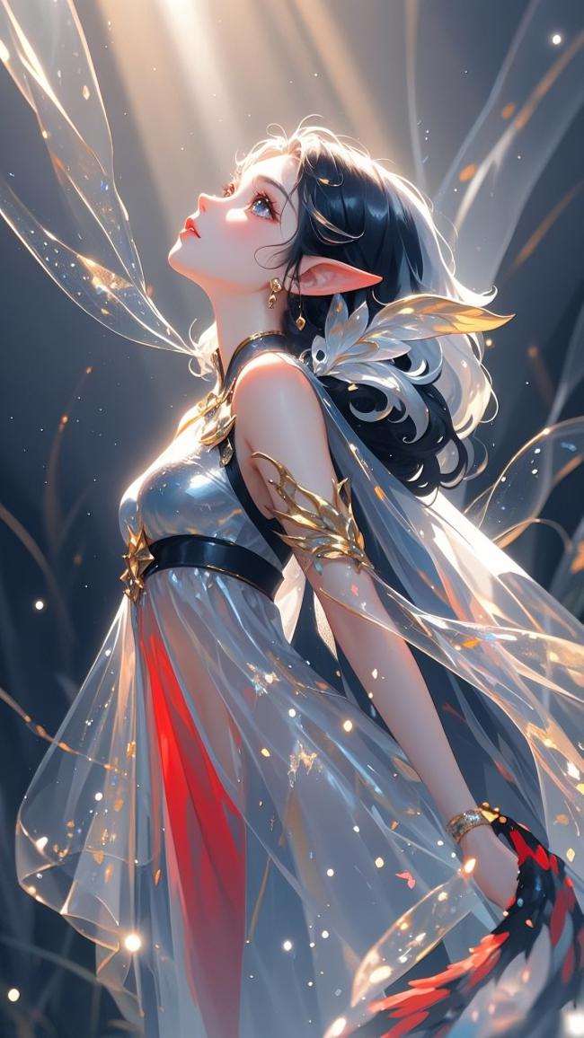 精灵少女仰望光束，仙侠玄幻风3D美图