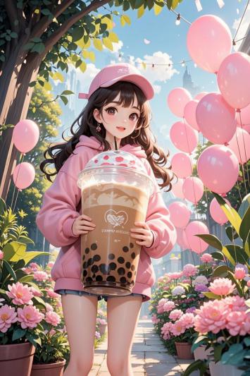 粉嫩少女手捧奶茶，气球花径梦幻场景