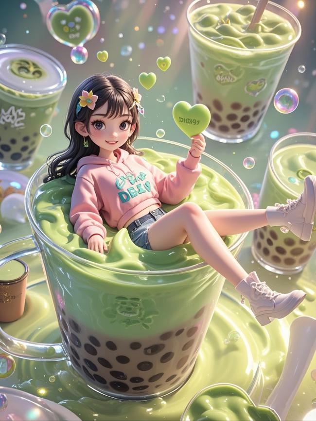 动漫少女泡在奶茶杯里，治愈系甜品插画