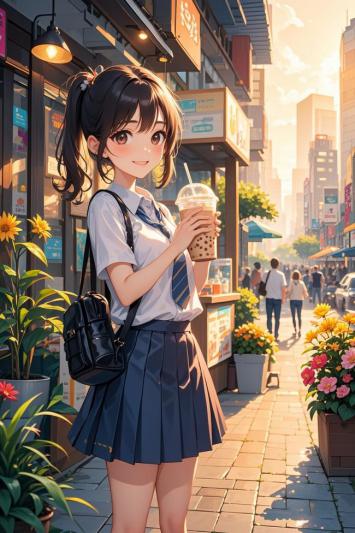 日系少女街拍插画：奶茶时光与暖阳街景