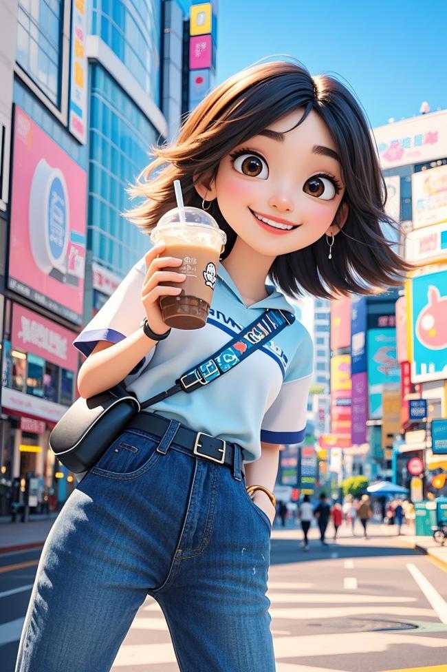 都市少女手握奶茶，赛璐璐动漫街头写真