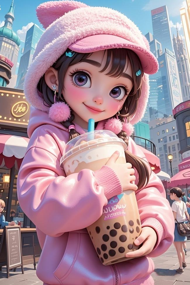 粉色少女手捧奶茶漫步都市街头
