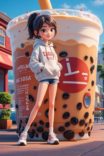 二次元少女与巨型奶茶杯街拍插画