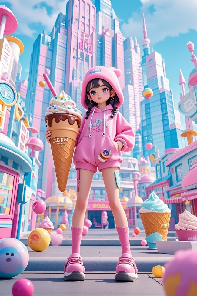 粉色未来少女冰淇淋街景插画