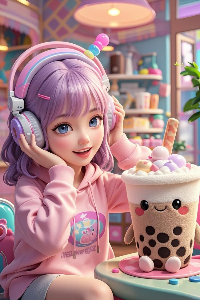 紫发少女戴耳机享萌趣珍珠奶茶插画