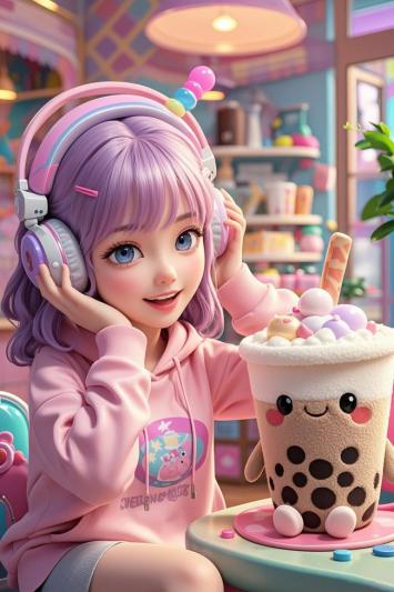 紫发少女戴耳机享萌趣珍珠奶茶插画