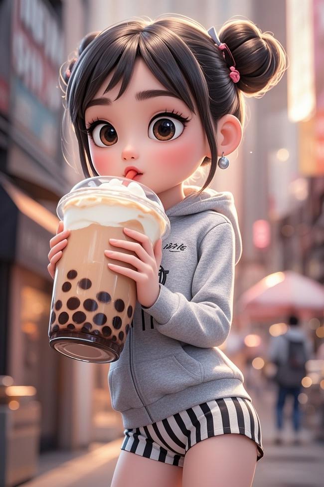 二次元少女街拍喝奶茶插画