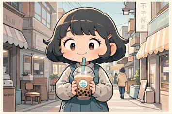 日系街景奶茶少女二次元插画