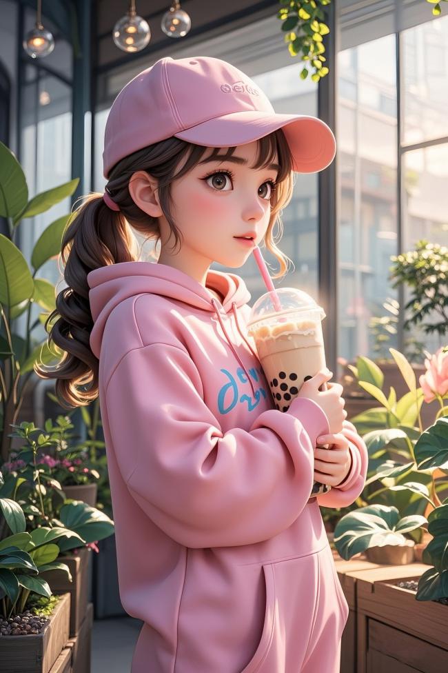 粉色少女手捧奶茶的动漫风写真