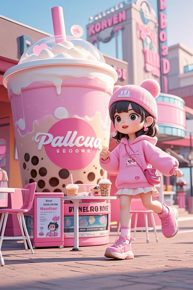 粉色少女跑过奶茶店的动漫街头场景