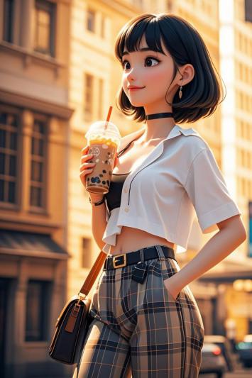 二次元少女街拍插画，手捧珍珠奶茶的都市日常