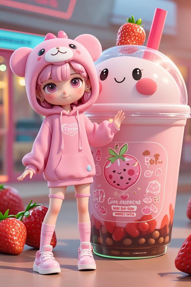 粉色少女与草莓奶茶杯的萌系插画