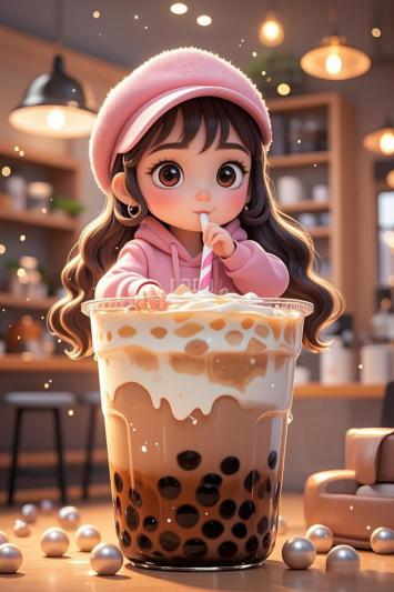 萌系少女喝珍珠奶茶插画