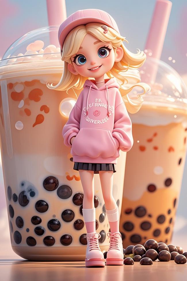 粉色少女与珍珠奶茶的甜美动漫插画