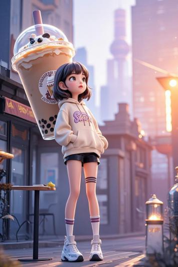 二次元少女街拍奶茶插画，赛璐璐上色都市黄昏风
