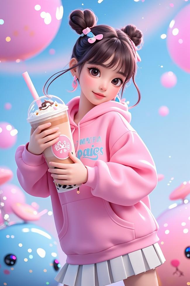 粉嫩少女手持奶茶插画