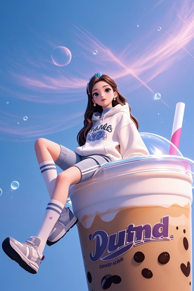 少女坐奶茶杯的梦幻二次元插画