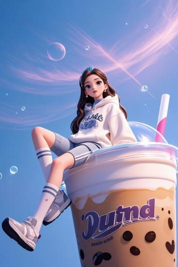 少女坐奶茶杯的梦幻二次元插画