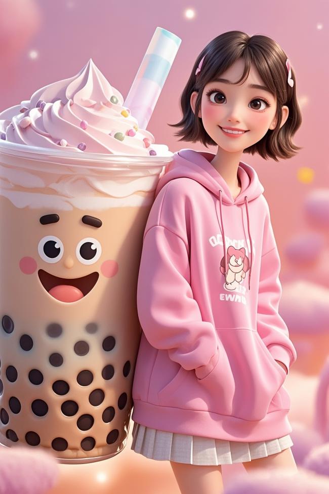 粉色少女与萌趣奶茶的二次元合影