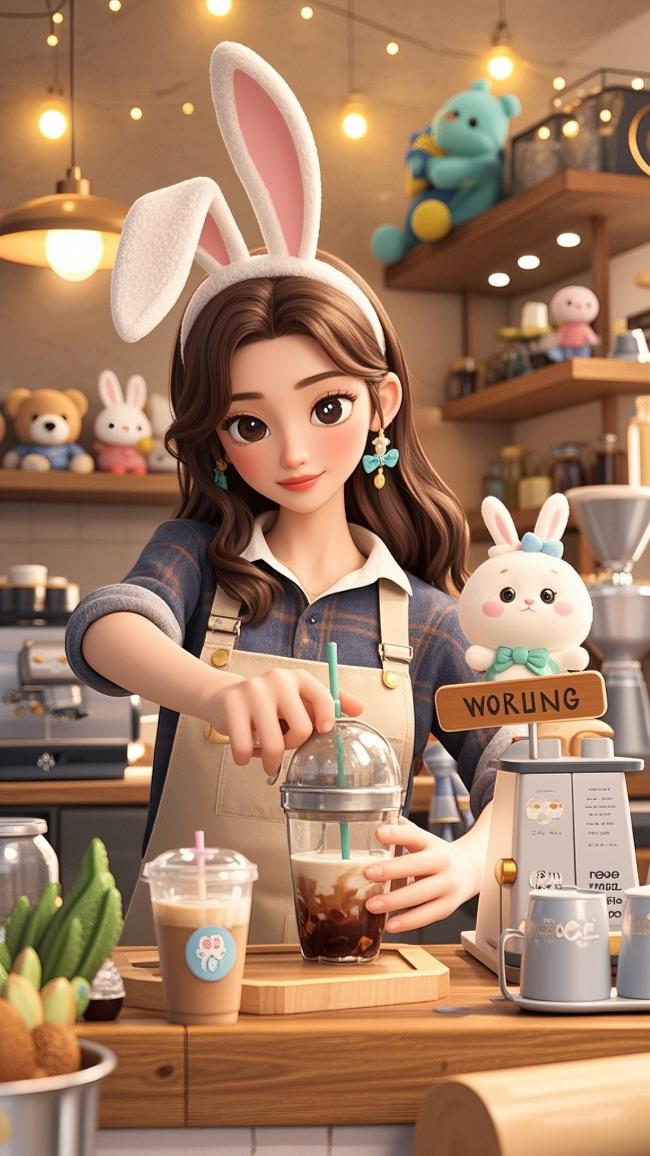 兔耳咖啡师温馨制作冰饮插画