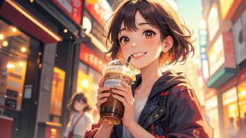 夜市少女手捧奶茶，日漫风格街景插画