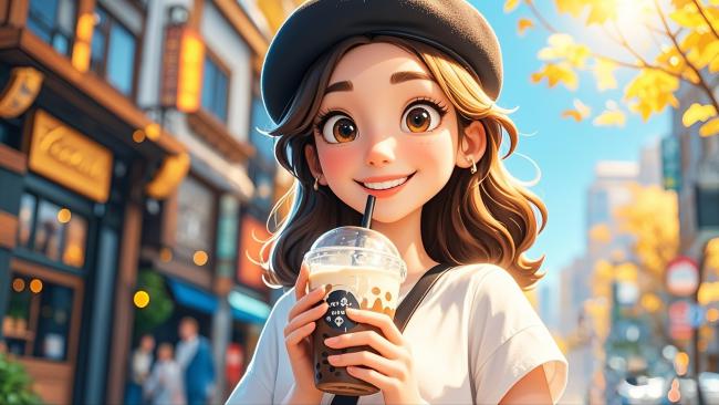 秋日街头奶茶少女动漫插画