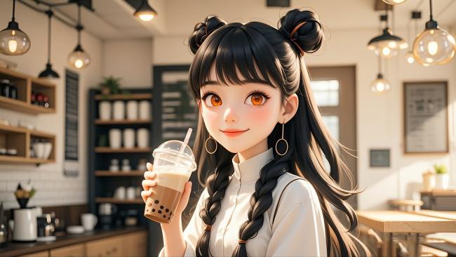 日系咖啡厅少女手捧奶茶插画