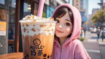 粉嫩少女抱奶茶，二次元街拍治愈系