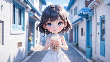 日系少女街景插画：奶茶时光