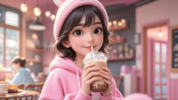 粉嫩兔耳少女喝奶茶的治愈瞬间