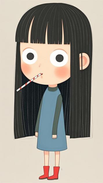 卡通女孩插画：黑发红靴吸管少女