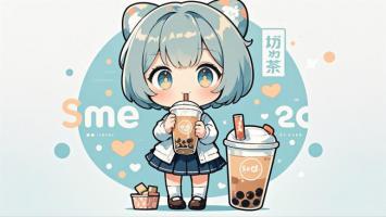 二次元奶茶少女插画，萌系校园风