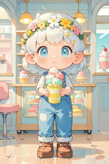 Q版少女手捧彩虹冰淇淋甜品店插画