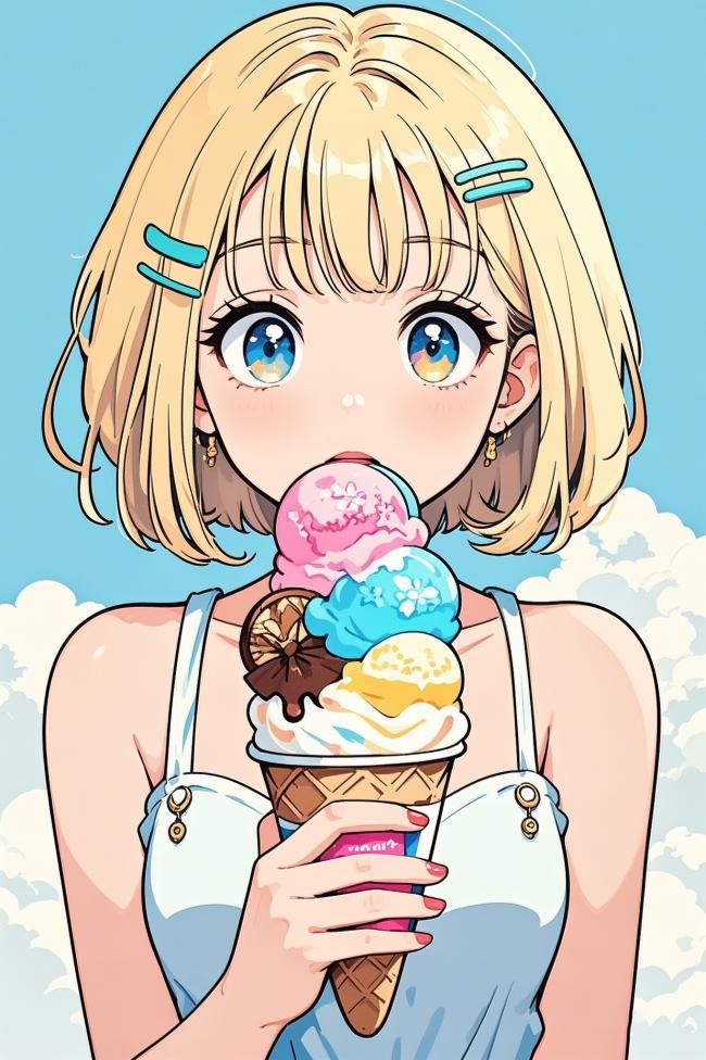 动漫少女吃冰淇淋的甜美瞬间