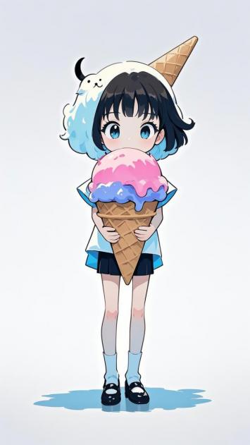 日系少女抱双色冰淇淋插画