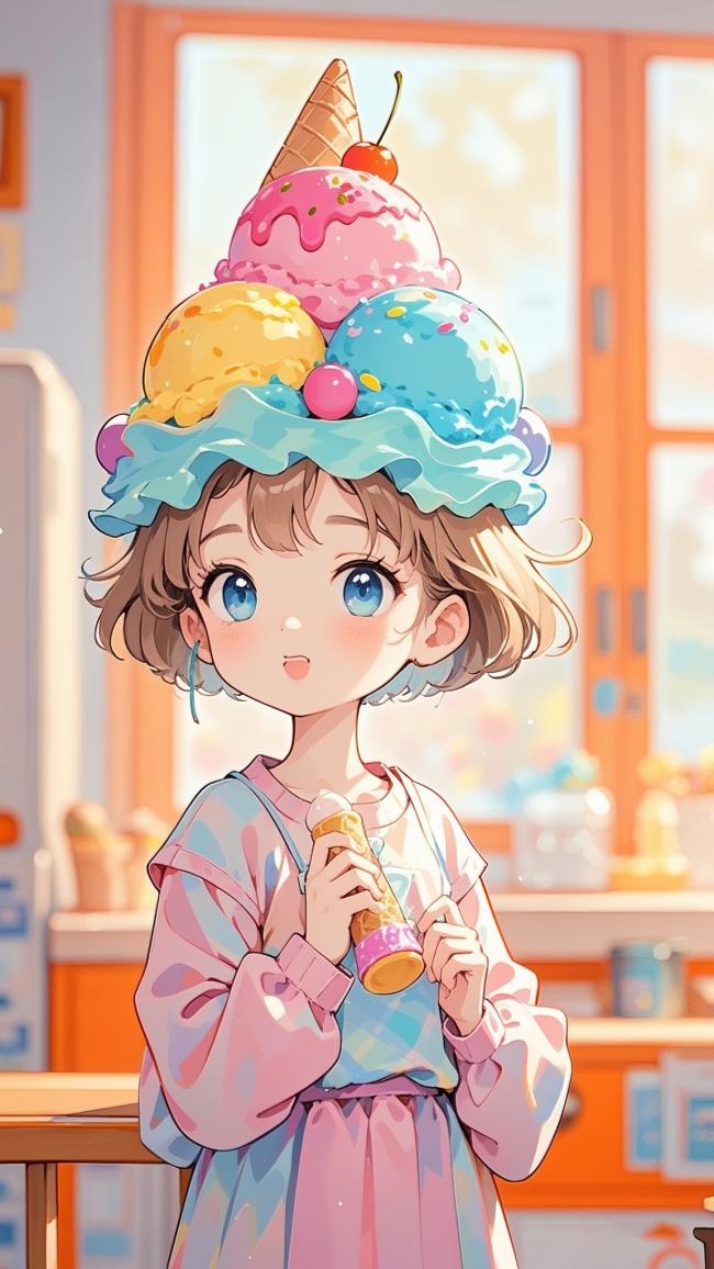 冰淇淋少女动漫插画，萌系治愈风