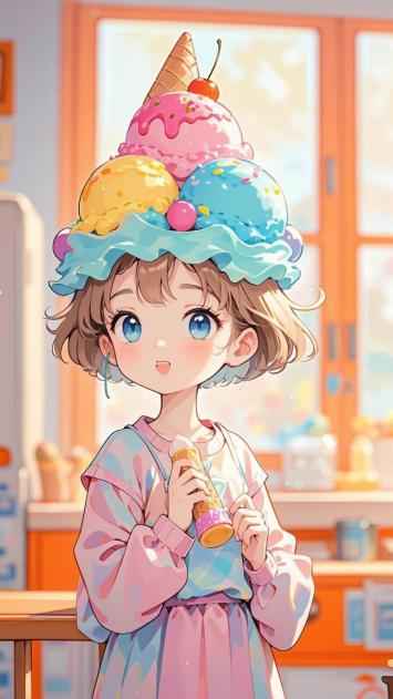 冰淇淋少女动漫插画，萌系治愈风